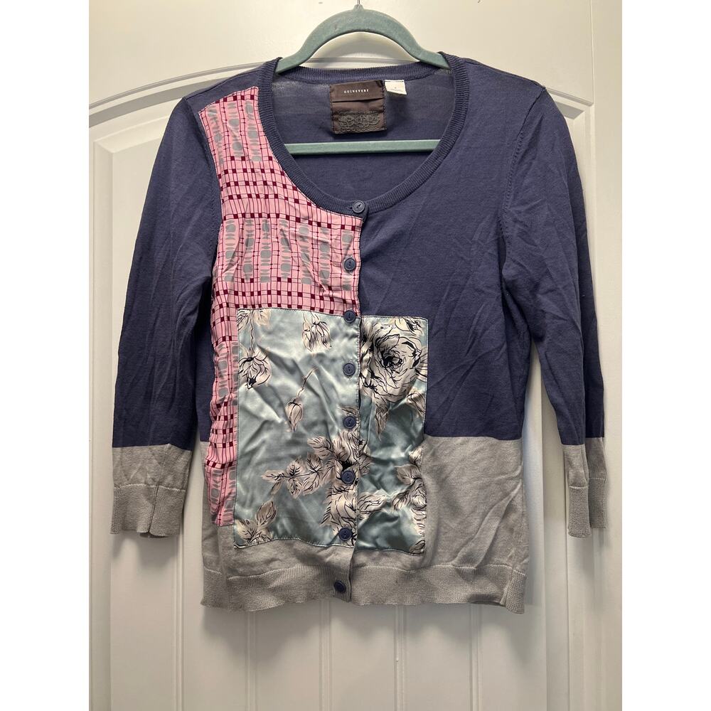 Anthropologie Navy Pink Gray Patchwork Floral Button Cardigan